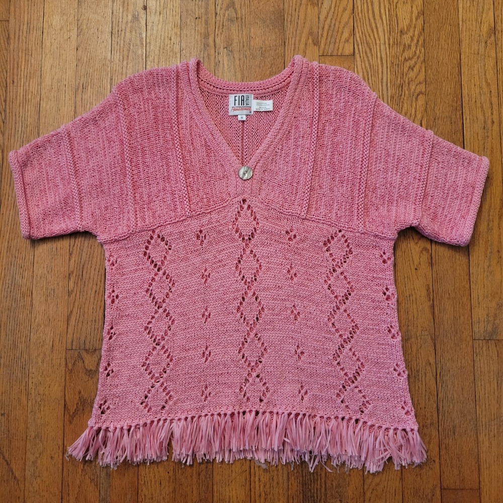 FIA Italia S Knit Top Pink Handloomed Fringe V Neck Granny Cottage Boho Hippie